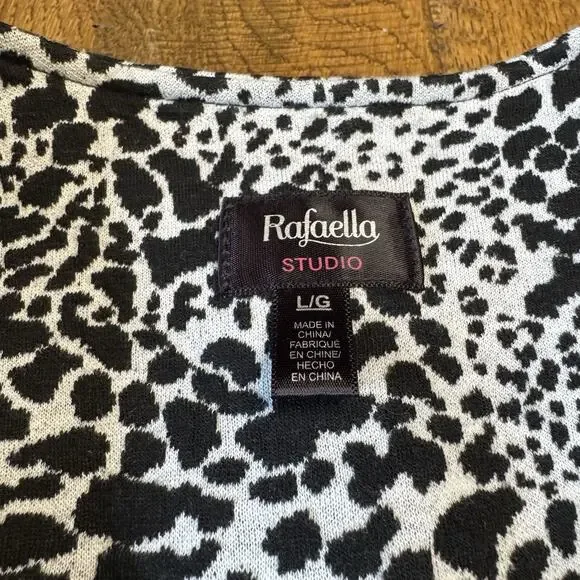 Rafaella Knit Open Front Cardigan Jacket Leopard Animal Print Black White Sz L - Picture 2 of 5
